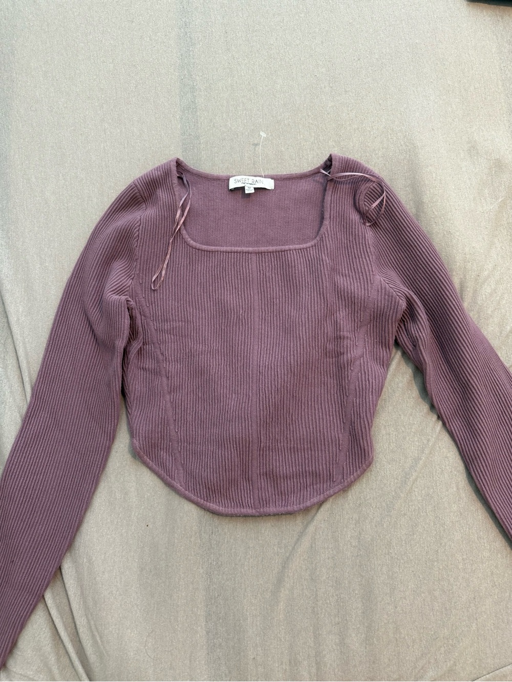 Sincerly Jules Mauve Ribbed Square-Neck Long Sleeve Top